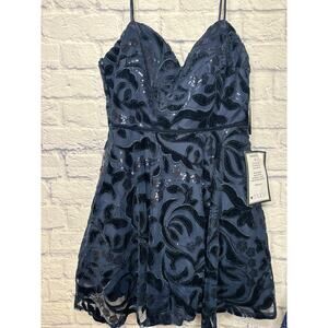 City Studio Navy Sequined & Velvet Detail Formal Fit & Flare Dress Sz 11/12 NWT